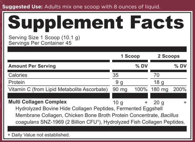 Supplement Facts panel from the Ancient Nutrition label: 1 scoop (10.1 g) serving.