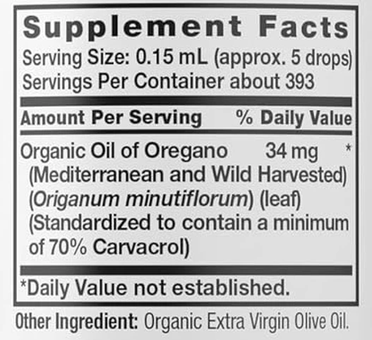 Supplement Facts panel from the Carlyle Organic Oil of Oregano Drops label: 0.15 mL (approx. 5 drops) serving.