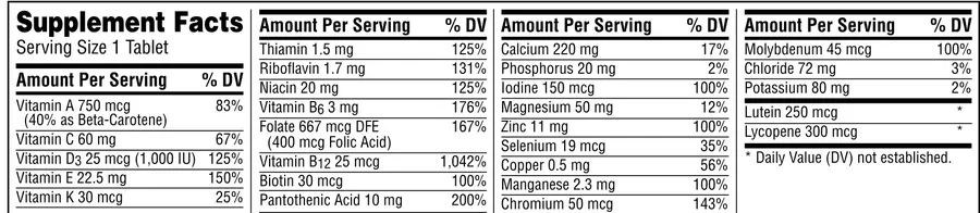 Supplement Facts panel from the Centrum Silver Adults 50+ label: 1 tablet serving.