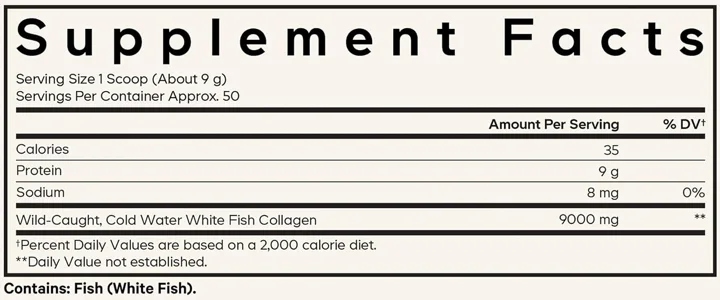 Supplement Facts panel from the Codeage Marine Collagen label: 1 scoop (about 9 g) serving.