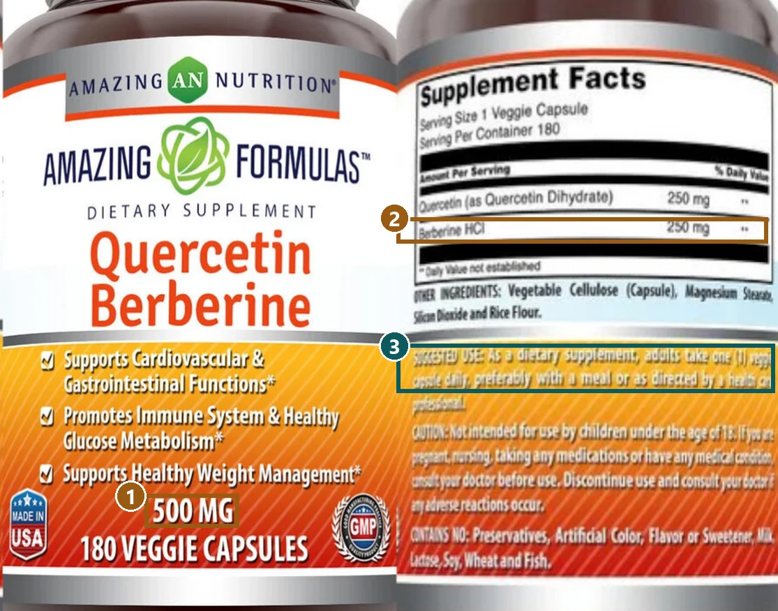 Amazing Formulas Quercetin Berberine bottle: the front says 500 MG; the Supplement Facts panel lists Quercetin 250 mg and Berberine HCl 250 mg per capsule; suggested use is one capsule daily.