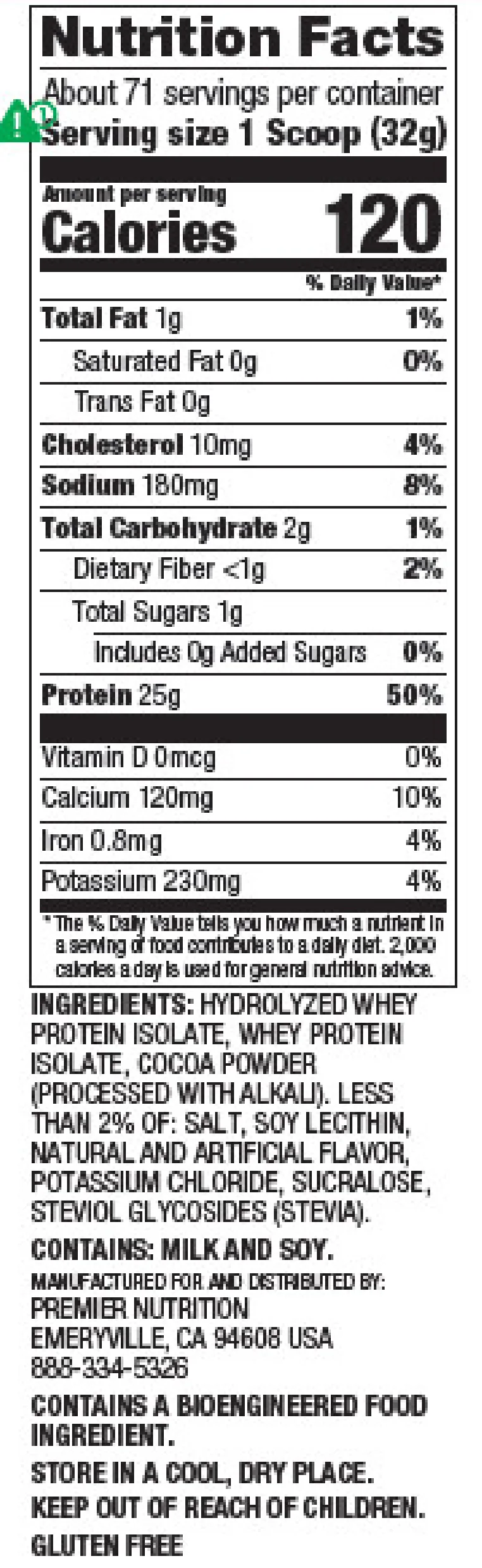 Supplement Facts panel from the ISO100 label: 32 g serving.