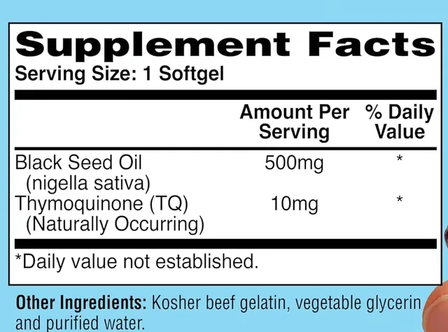 Supplement Facts panel from the Health Thru Nutrition Black Seed Oil label: 1 softgel (500 mg) serving.