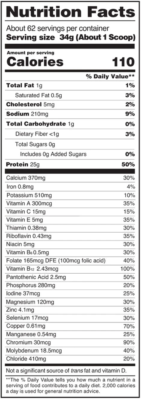 Supplement Facts panel from the Isopure Low Carb label: 34 g serving.