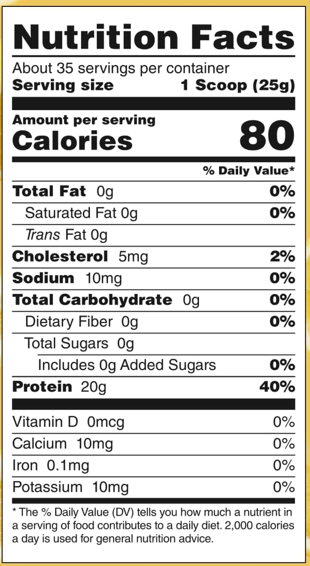 Supplement Facts panel from the Myprotein Clear Whey Isolate label: 1 scoop (25 g) serving.