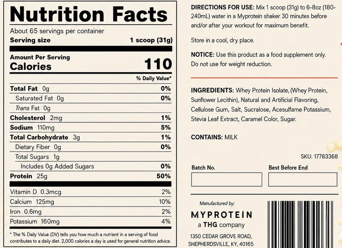 Supplement Facts panel from the Myprotein Impact Whey Isolate label: 31 g serving.