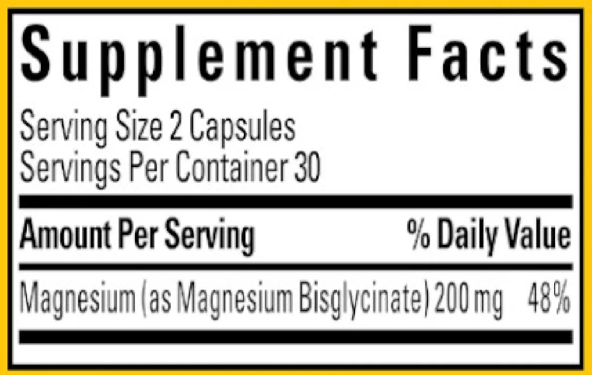 Supplement Facts panel from the Nature Made Magnesium Glycinate 200mg label: 2 Capsule(s) serving.