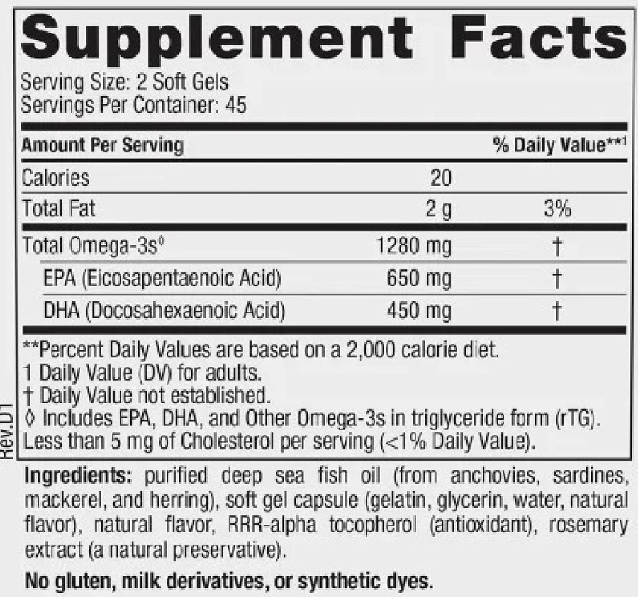 Supplement Facts panel from the Nordic Naturals Ultimate Omega label: 2 soft gels serving.
