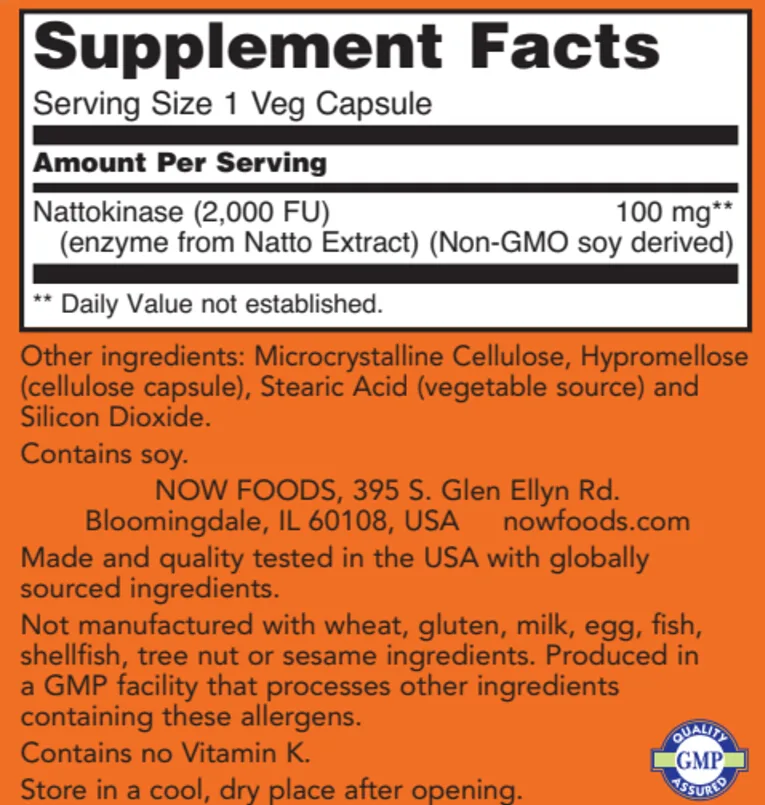 Supplement Facts panel from the NOW Nattokinase 100 mg, 2,000 FU label: 1 capsule serving.
