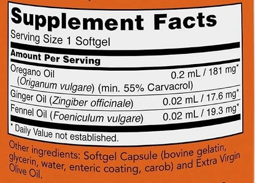 Supplement Facts panel from the NOW Oregano Oil label: 1 softgel serving.