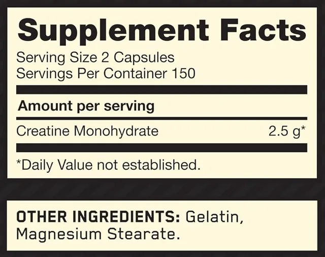 Supplement Facts panel from the Optimum Nutrition Creatine Capsules label: 2 capsules (2.5 g) serving.