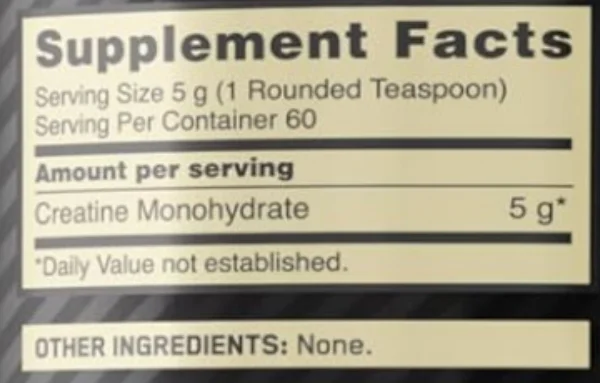 Supplement Facts panel from the Optimum Nutrition label: 5 g serving.