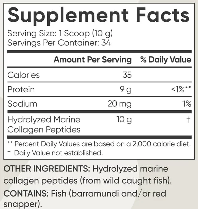 Supplement Facts panel from the Sports Research Marine Collagen label: 1 scoop (10 g) serving.