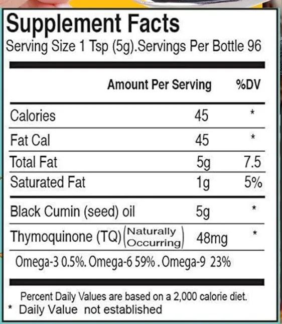 Supplement Facts panel from the Sweet Sunnah Black Seed Oil label: 1 tsp (5 g) serving.