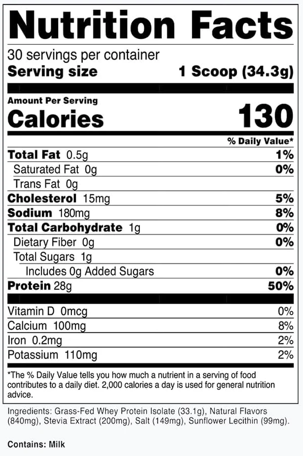 Supplement Facts panel from the Transparent Labs Whey Protein Isolate label: 34.3 g serving.