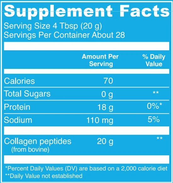 Supplement Facts panel from the Vital Proteins label: 4 tbsp (20 g) serving.