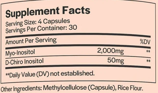 Supplement Facts panel from the Wholesome Story Myo & D-Chiro Inositol label: 4 capsules serving.