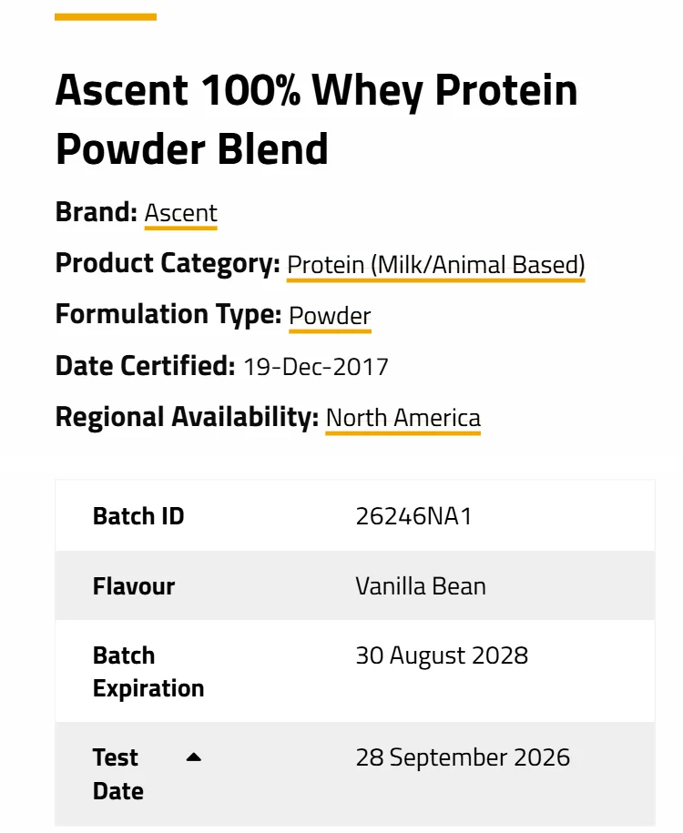 Informed Sport certified product: Ascent 100% Whey Protein Powder Blend, regional availability North America, batch 26246NA1, flavour Vanilla Bean, tested 28 September 2026