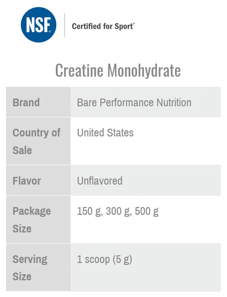 NSF Certified for Sport listing: Bare Performance Nutrition Creatine Monohydrate, United States, unflavored, 150 g, 300 g and 500 g, 1 scoop (5 g)