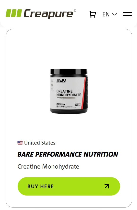 AlzChem Creapure partner list entry: United States, Bare Performance Nutrition, Creatine Monohydrate, with a Buy here button