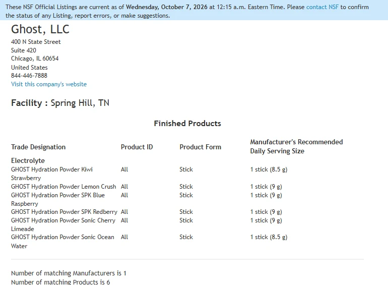 NSF/ANSI 173 listing for Ghost, LLC, current as of October 7, 2026: six GHOST Hydration Powder sticks, no whey protein