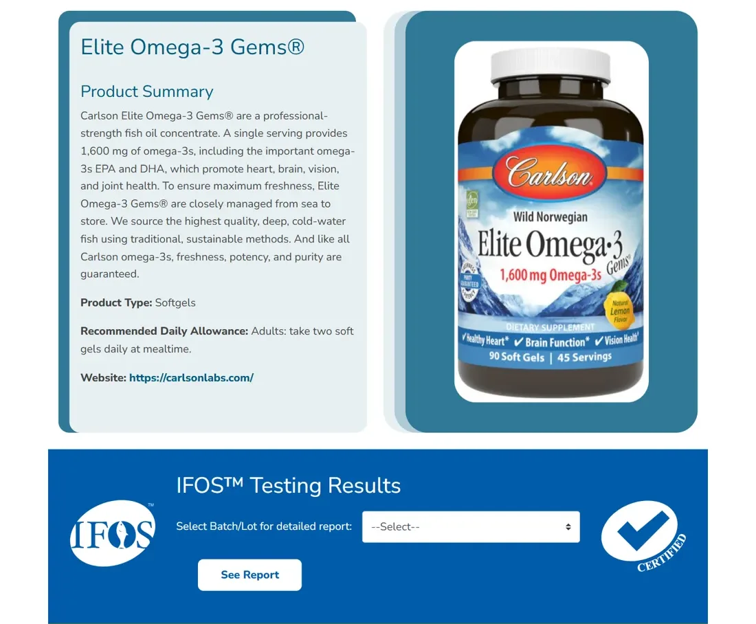 IFOS listing for Carlson Elite Omega-3 Gems: 1,600 mg of omega-3s a serving, with a batch report picker