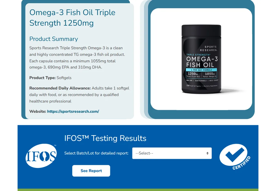 IFOS listing for Sports Research Omega-3 Fish Oil Triple Strength 1250mg: TG omega-3, 690 mg EPA and 310 mg DHA, with a batch report picker