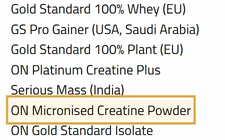 Informed Choice certified products list, Optimum Nutrition entry, with ON Micronised Creatine Powder highlighted