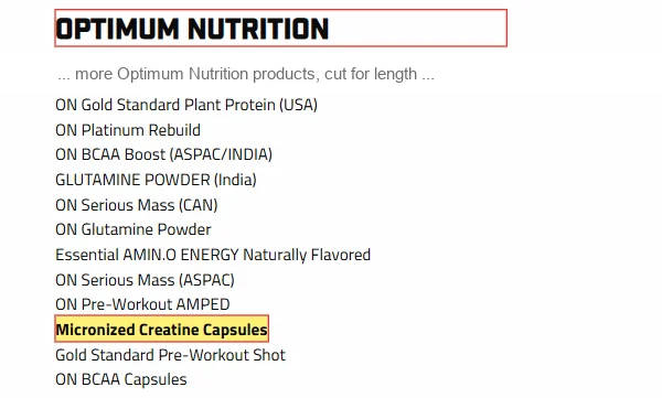 Informed Choice certified products list, October 2026 edition, Optimum Nutrition brand block with Micronized Creatine Capsules highlighted