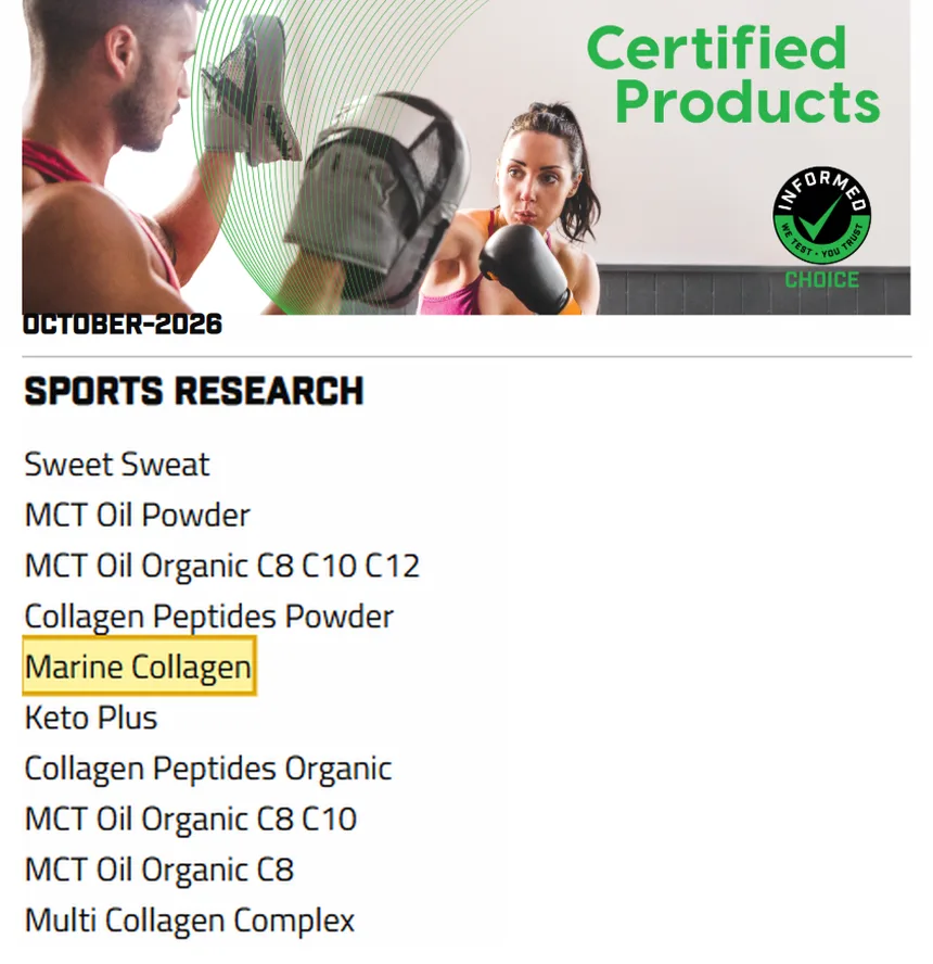 Informed Choice certified products list, October 2026 edition, Sports Research brand block with Marine Collagen highlighted