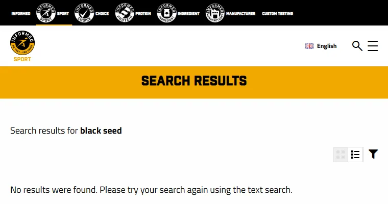 Informed Sport supplement search for black seed: no results were found