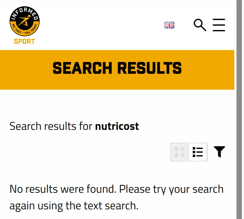 Informed Sport supplement search for nutricost showing No results were found