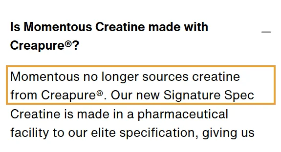 Momentous product page answer: Momentous no longer sources creatine from Creapure