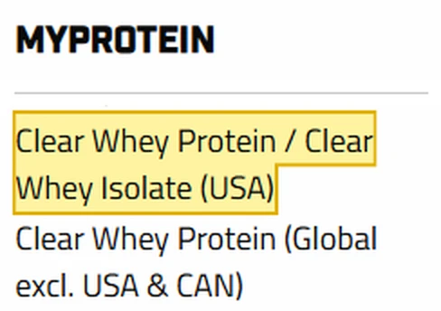 Informed Choice certified products list, Myprotein section, with Clear Whey Protein / Clear Whey Isolate (USA) highlighted