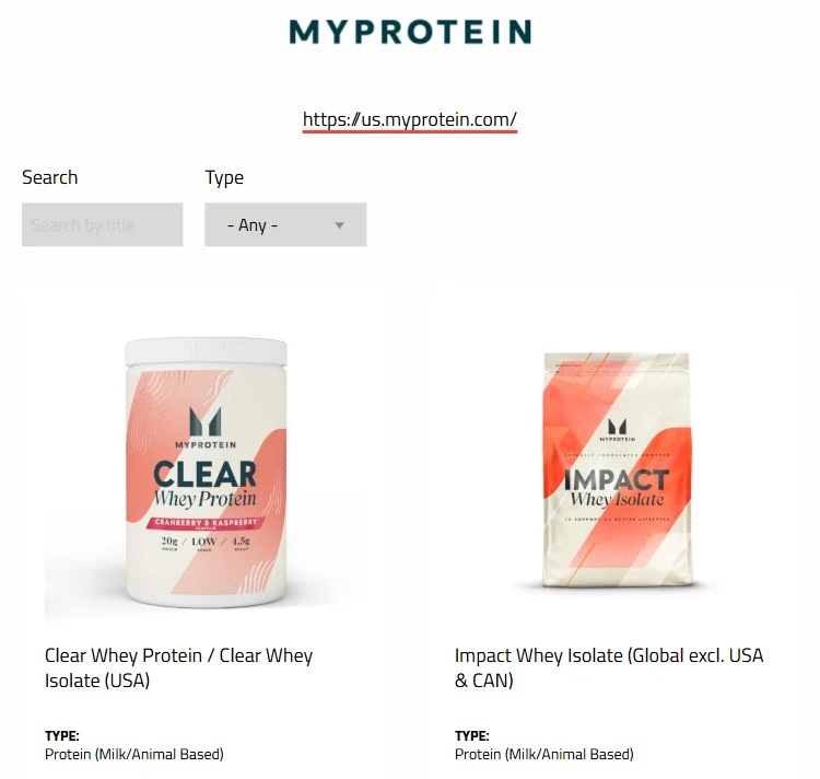 Informed Protein certified products for Myprotein: Clear Whey Protein / Clear Whey Isolate (USA)