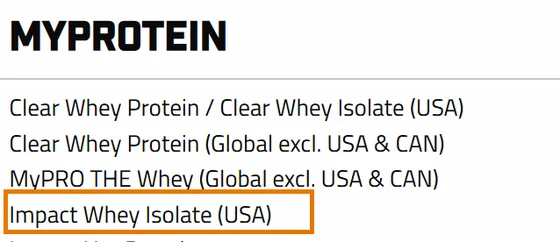 Informed Choice certified products list, Myprotein section, with Impact Whey Isolate (USA) highlighted