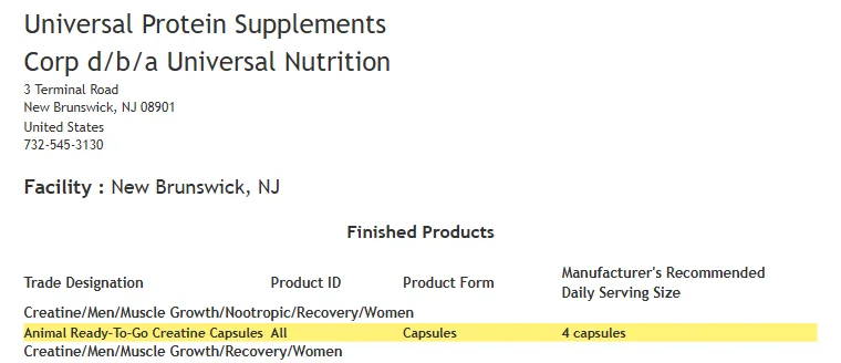 NSF/ANSI 173 listing for Universal Nutrition with Animal Ready-To-Go Creatine Capsules, capsules, 4 capsules a day, highlighted