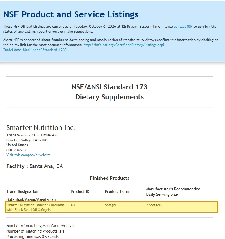 NSF/ANSI 173 listings searched for black seed, October 6, 2026: one match, Smarter Nutrition Smarter Curcumin with Black Seed Oil Softgels, highlighted