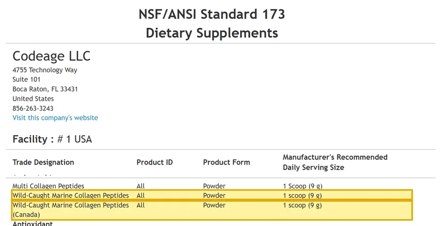 NSF/ANSI 173 listing for Codeage LLC with Wild-Caught Marine Collagen Peptides, powder, 1 scoop (9 g), highlighted