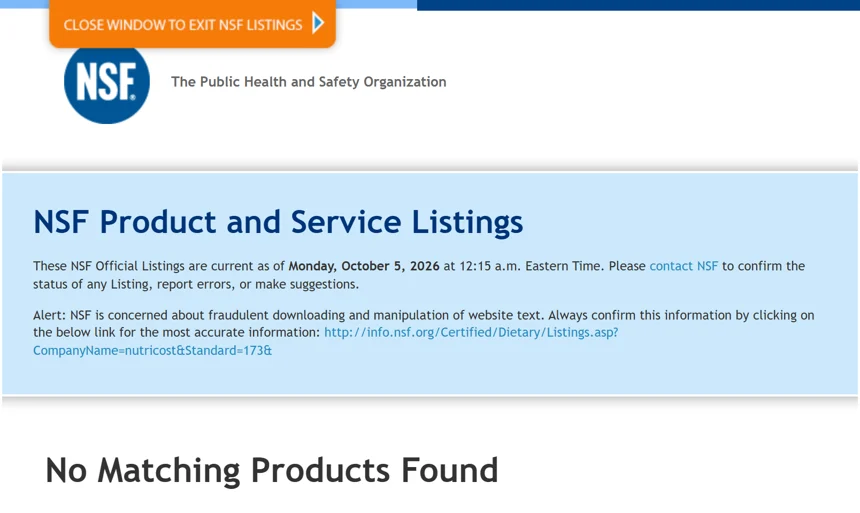 NSF/ANSI 173 company search for Nutricost showing No Matching Products Found
