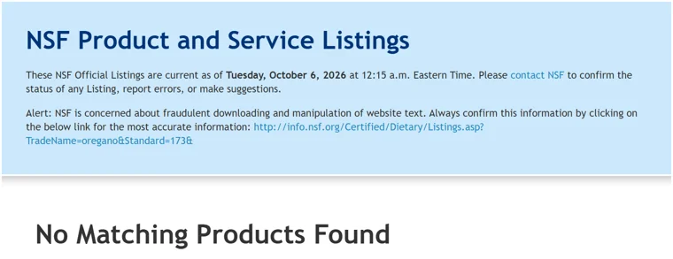 NSF/ANSI 173 listings searched for oregano, October 6, 2026: No Matching Products Found