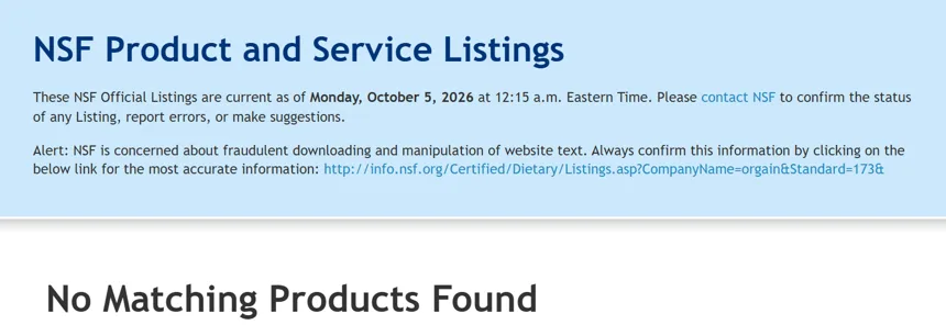 NSF/ANSI 173 company search for Orgain showing No Matching Products Found
