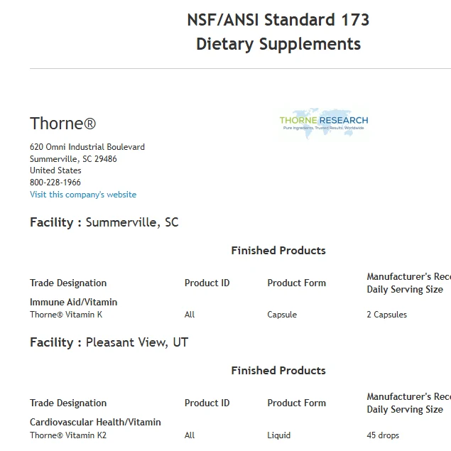 NSF/ANSI 173 listing for Thorne: Thorne Vitamin K, capsule, daily serving 2 capsules; and Thorne Vitamin K2, liquid, 45 drops