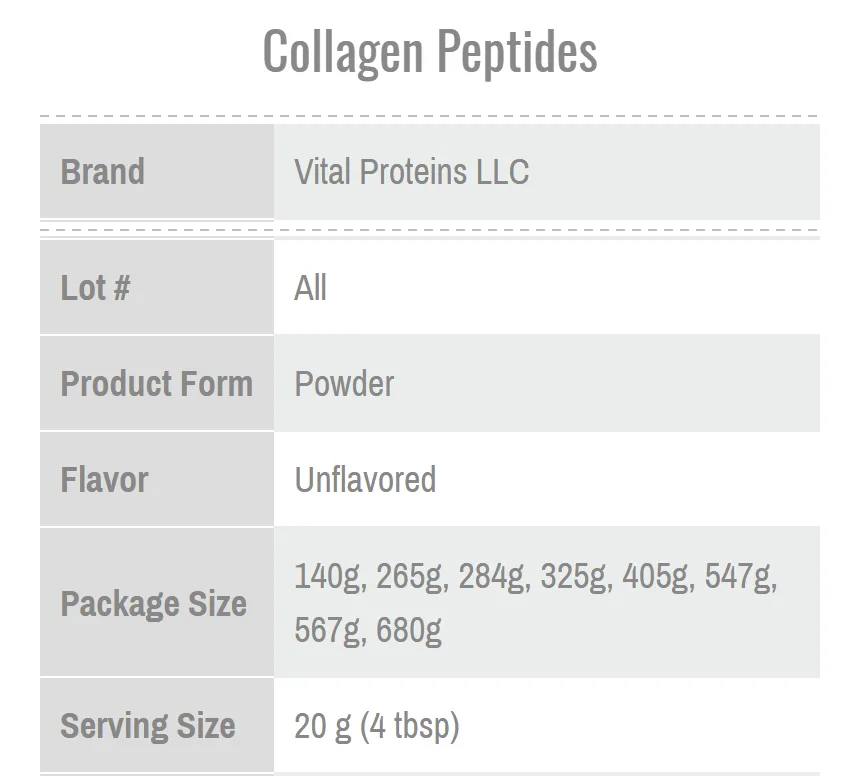 NSF Certified for Sport listing: Collagen Peptides, Vital Proteins LLC, all lots, unflavored, package sizes including 405 g, serving 20 g (4 tbsp)
