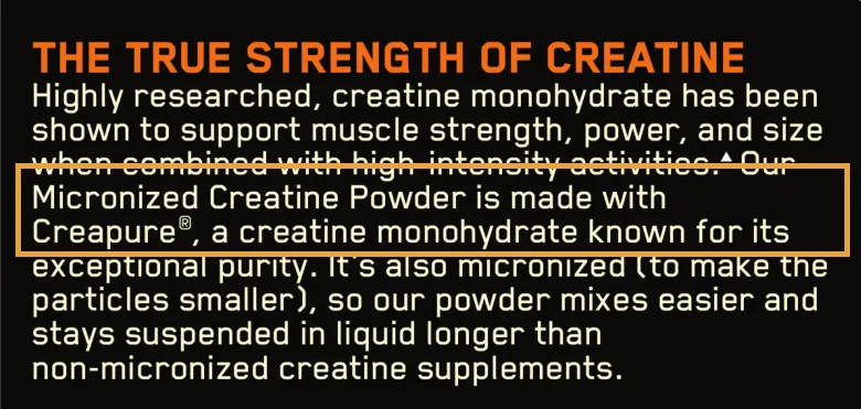 Optimum Nutrition Micronized Creatine label filed February 2023, with the line "Our Micronized Creatine Powder is made with Creapure" highlighted
