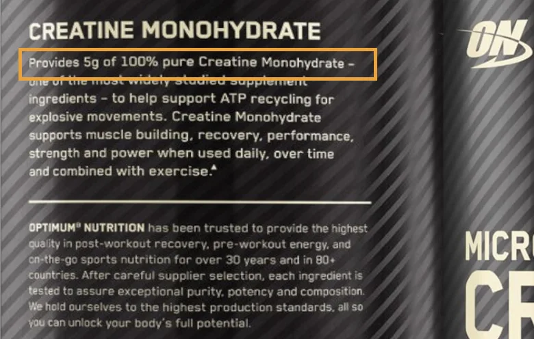 Optimum Nutrition Micronized Creatine label filed December 2024, with the line "Provides 5g of 100% pure Creatine Monohydrate" highlighted and no mention of Creapure