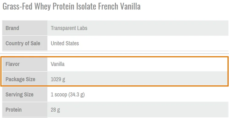 NSF Certified for Sport listing 1809884: Grass-Fed Whey Protein Isolate French Vanilla, Transparent Labs, United States, flavor vanilla, package size 1029 g, serving 1 scoop (34.3 g), protein 28 g
